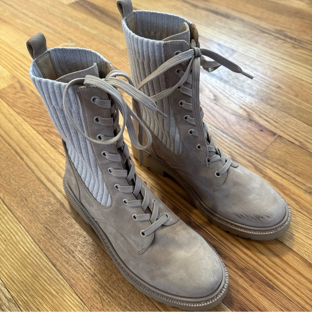 SAM EDELMAN Lydell Beige Suede Combat Boot Lace Up Ankle Knit Panel Women's 7.5